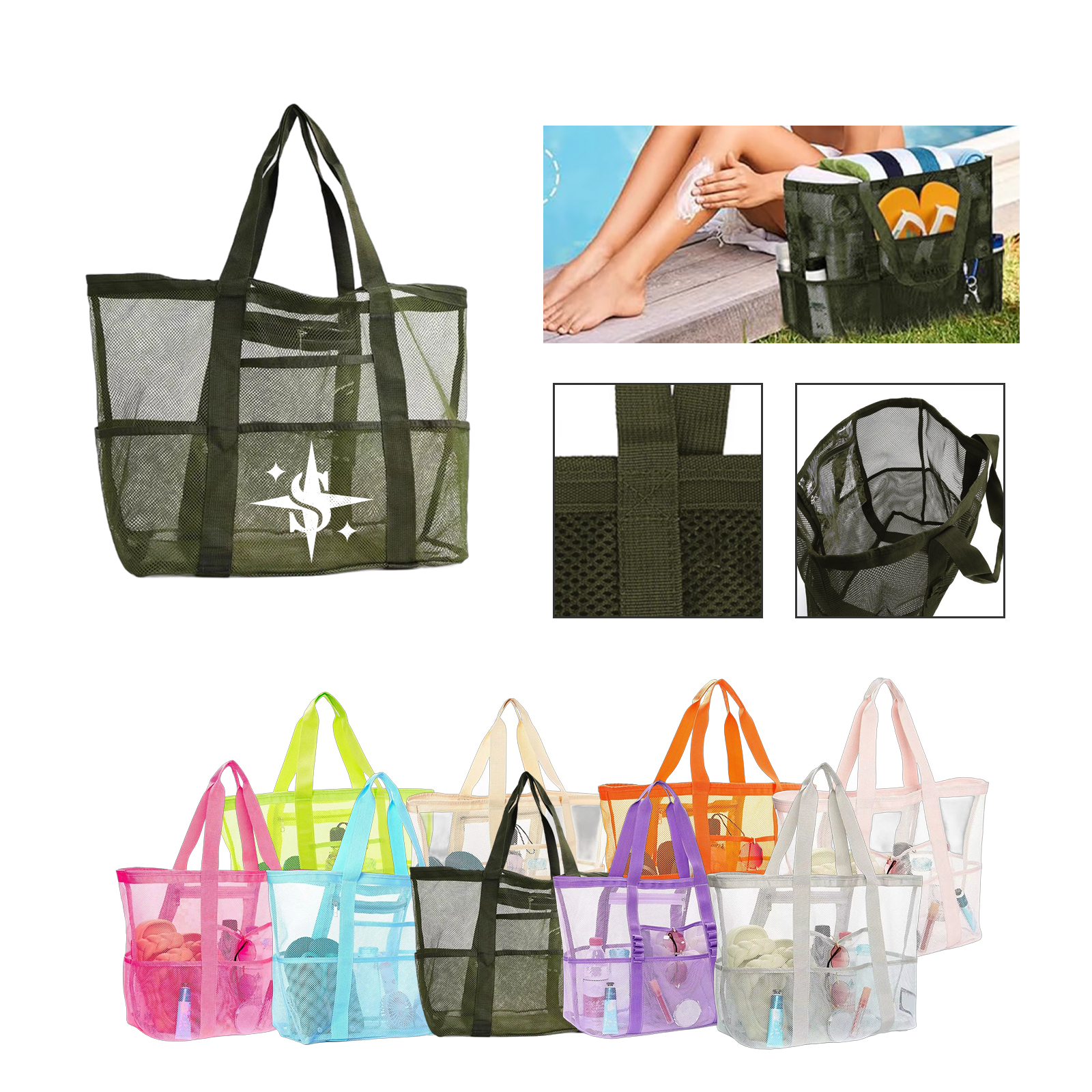 Ventilated Mesh Beach Tote with Multiple Pockets